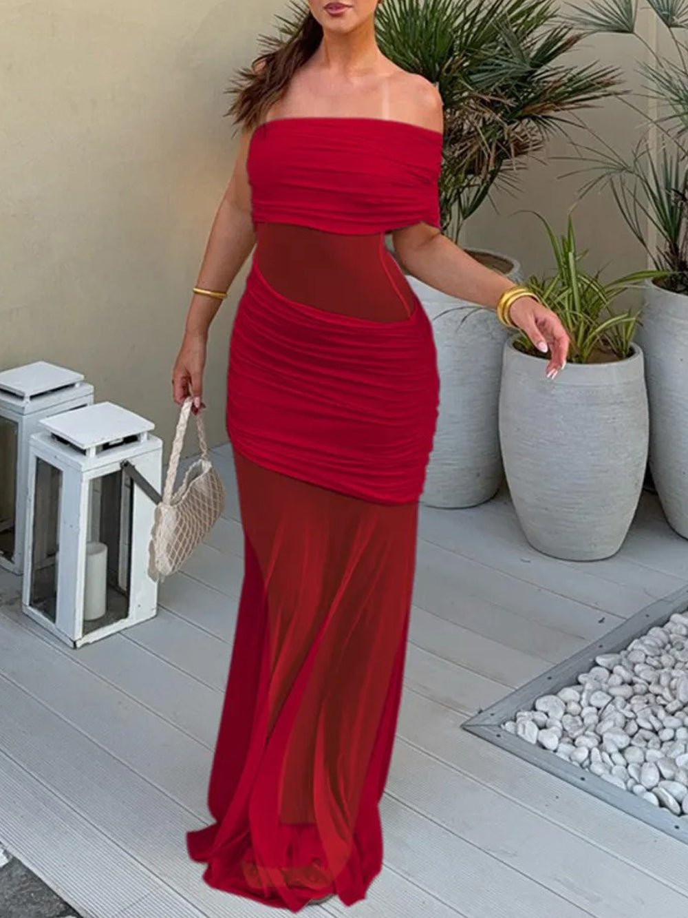Asymmetric Neckline Ruched Mesh Waist Bodycon Maxi Dress