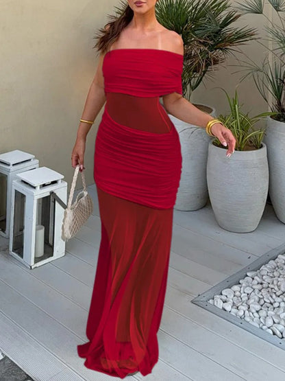 Asymmetric Neckline Ruched Mesh Waist Bodycon Maxi Dress