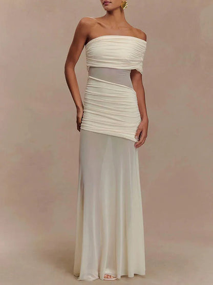 Asymmetric Neckline Ruched Mesh Waist Bodycon Maxi Dress