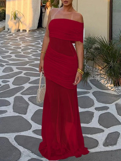 Asymmetric Neckline Ruched Mesh Waist Bodycon Maxi Dress