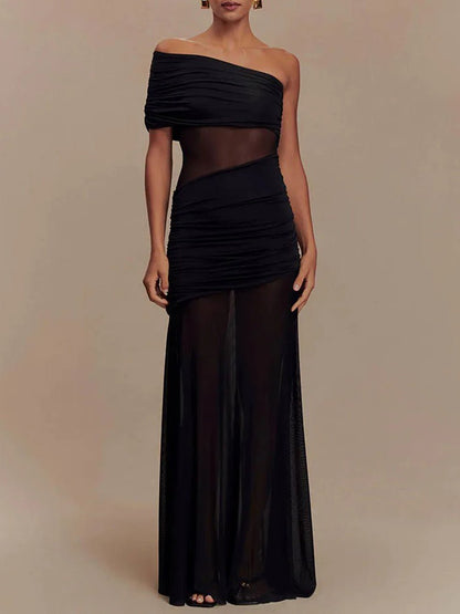 Asymmetric Neckline Ruched Mesh Waist Bodycon Maxi Dress