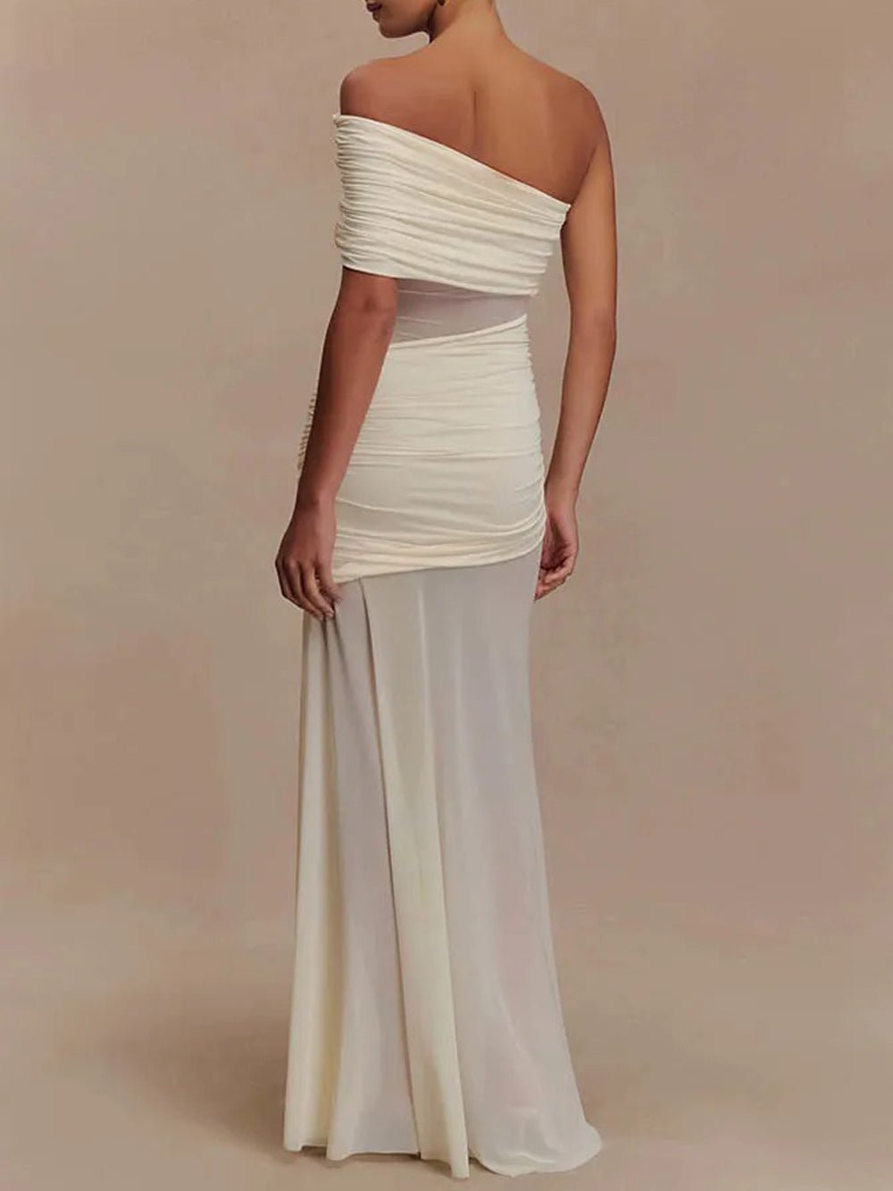 Asymmetric Neckline Ruched Mesh Waist Bodycon Maxi Dress
