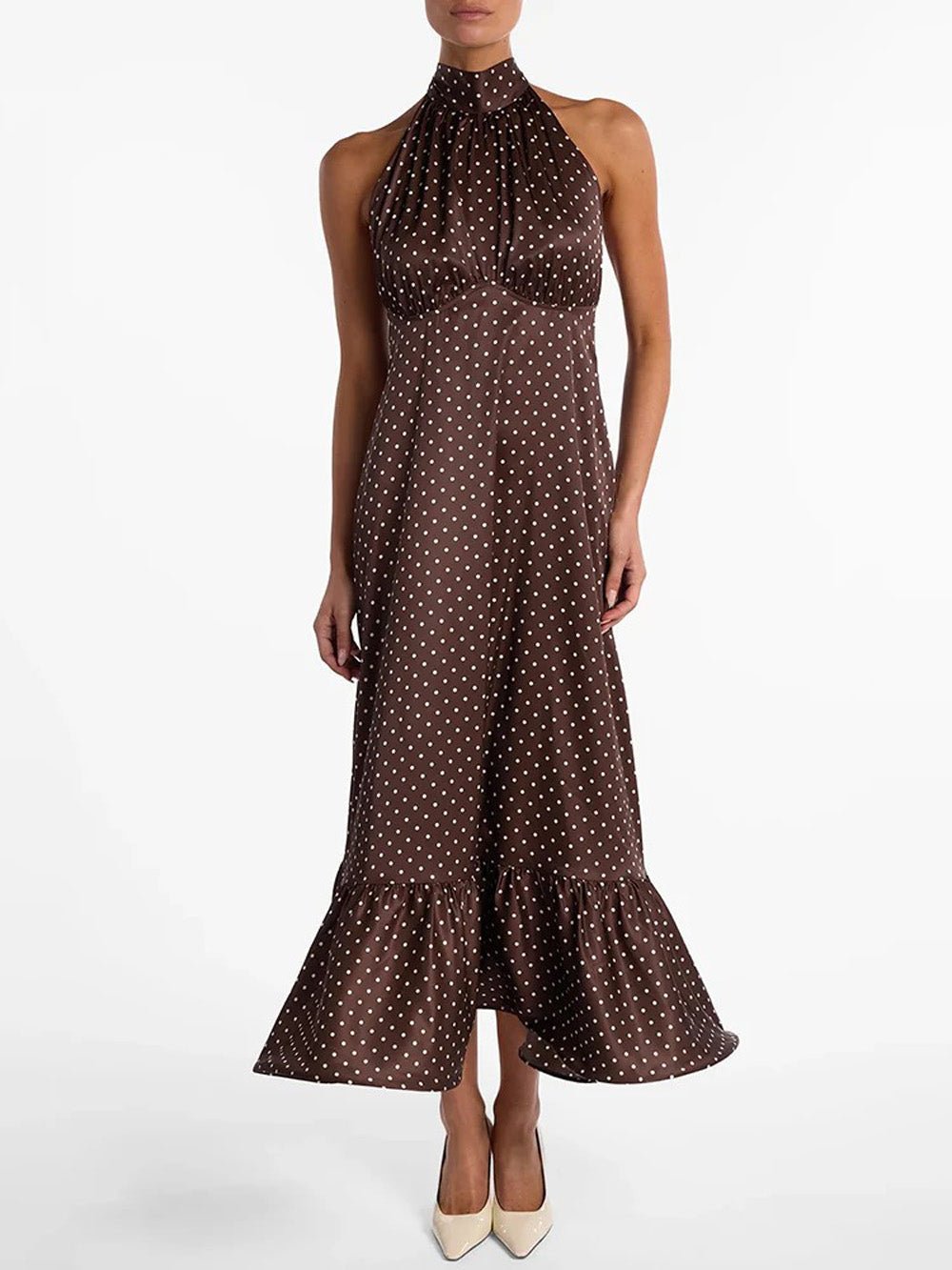 Brown Satin Halter Neck Gathered Bust Ruffle Hem Midi Dress