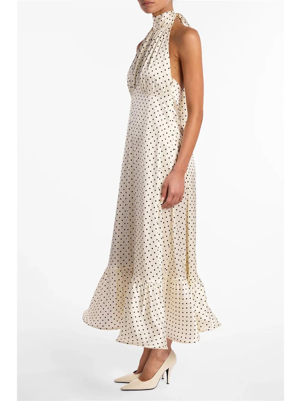 White Satin Halter Neck Gathered Bust Ruffle Hem Midi Dress