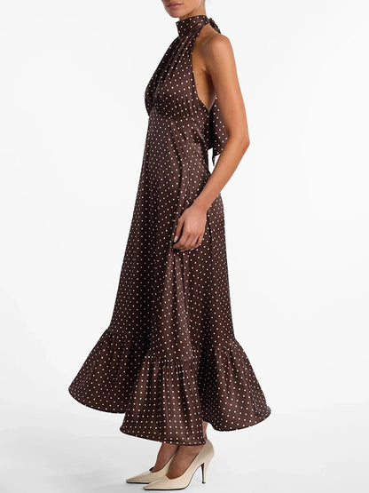 Brown Satin Halter Neck Gathered Bust Ruffle Hem Midi Dress
