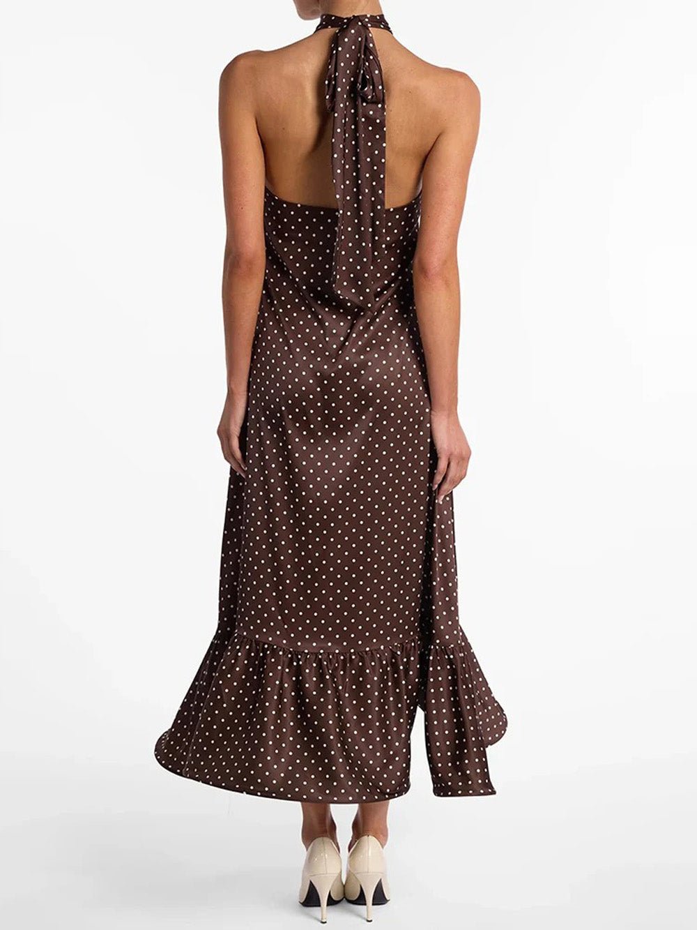 Brown Satin Halter Neck Gathered Bust Ruffle Hem Midi Dress