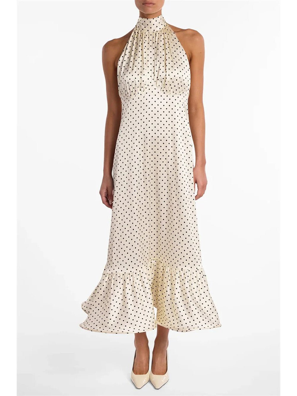 White Satin Halter Neck Gathered Bust Ruffle Hem Midi Dress