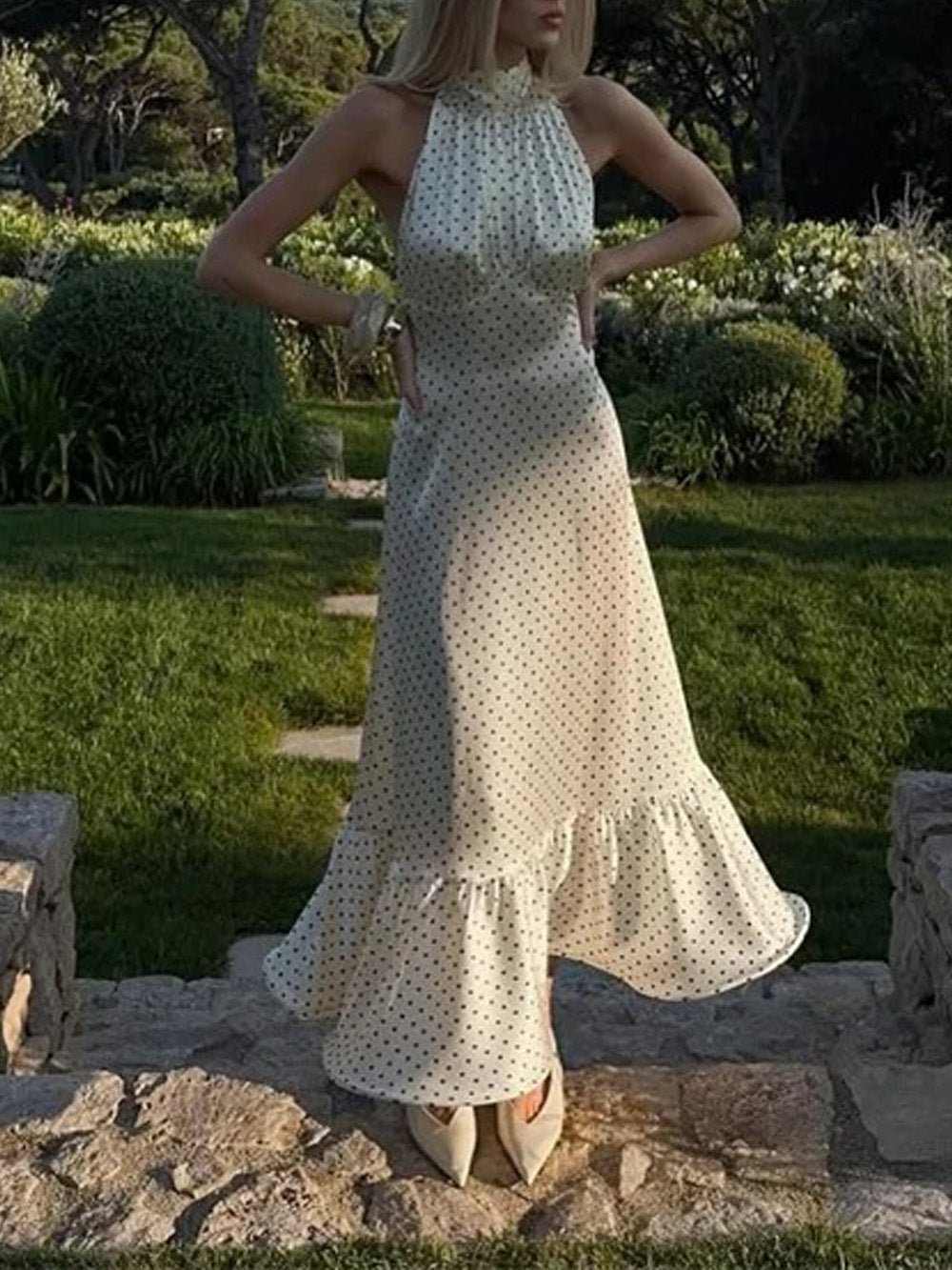 White Satin Halter Neck Gathered Bust Ruffle Hem Midi Dress