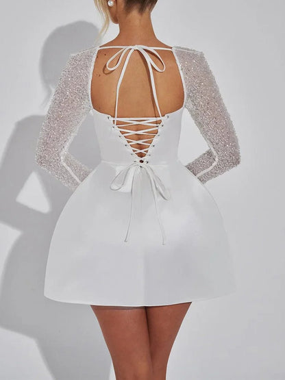 Sequin Mesh Long Sleeve Square Neck Satin Panel Mini Dress