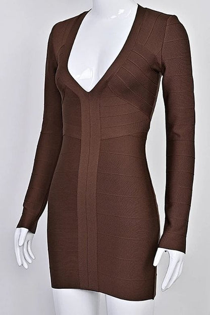Chocolate Brown Deep V-Neck Long Sleeve Center Panel Bandage Bodycon Mini Dress