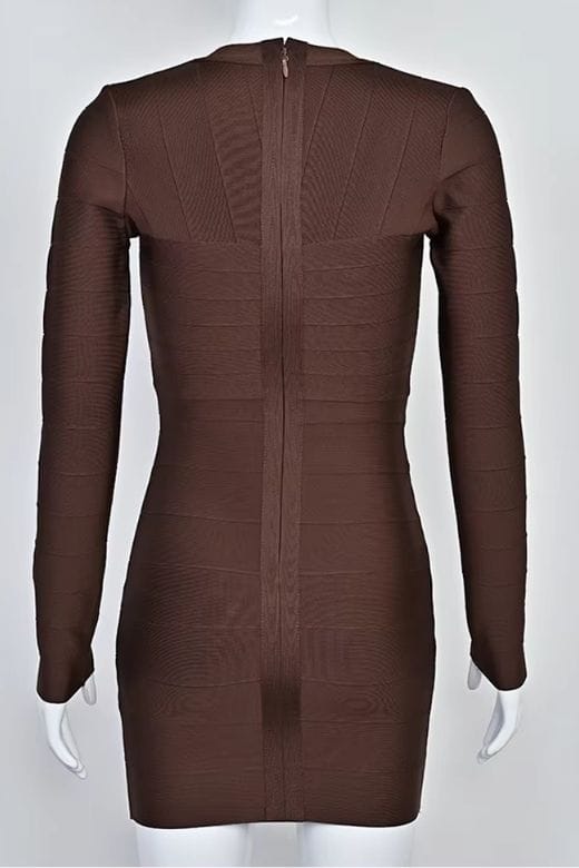 Chocolate Brown Deep V-Neck Long Sleeve Center Panel Bandage Bodycon Mini Dress