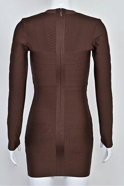 Chocolate Brown Deep V-Neck Long Sleeve Center Panel Bandage Bodycon Mini Dress