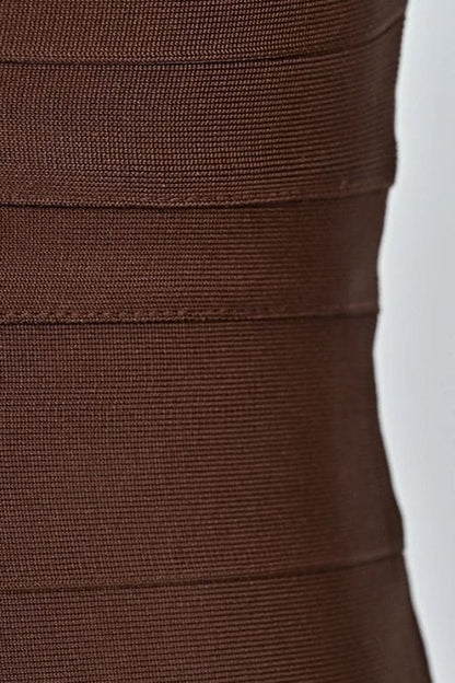 Chocolate Brown Deep V-Neck Long Sleeve Center Panel Bandage Bodycon Mini Dress