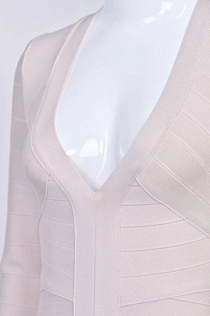 Cream Deep V-Neck Long Sleeve Center Panel Bandage Bodycon Mini Dress
