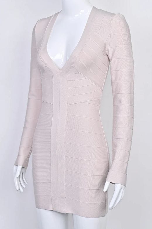 Cream Deep V-Neck Long Sleeve Center Panel Bandage Bodycon Mini Dress