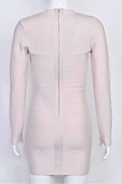 Cream Deep V-Neck Long Sleeve Center Panel Bandage Bodycon Mini Dress