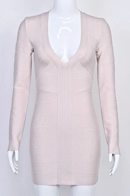 Cream Deep V-Neck Long Sleeve Center Panel Bandage Bodycon Mini Dress
