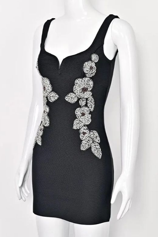 Classic Black Sweetheart Neck Beaded Floral Side Panel Bodycon Mini Dress