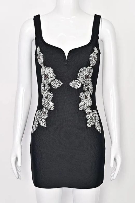 Classic Black Sweetheart Neck Beaded Floral Side Panel Bodycon Mini Dress
