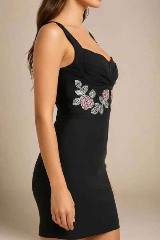 Classic Black Sweetheart Neck Beaded Floral Waist Bodycon Mini Cocktail Dress