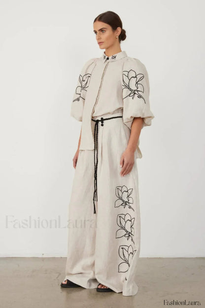 Lola Linen Embroidery Charming Shirt + Pants Set