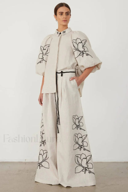 Lola Linen Embroidery Charming Shirt + Pants Set