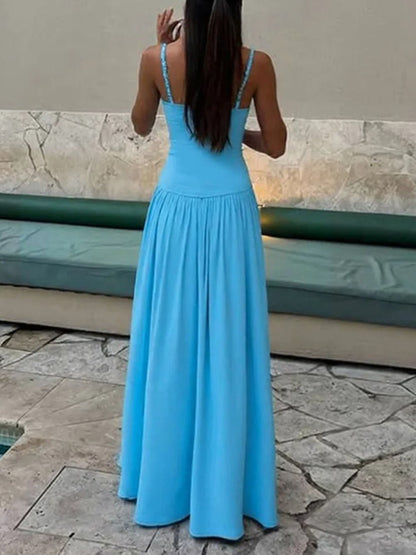 Spaghetti Strap Ruched Drop Waist Flowy Maxi Dress