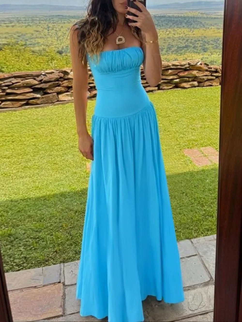 Spaghetti Strap Ruched Drop Waist Flowy Maxi Dress