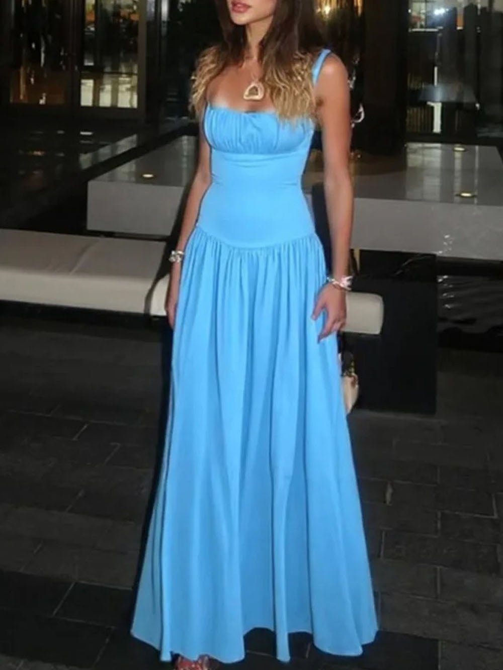 Spaghetti Strap Ruched Drop Waist Flowy Maxi Dress
