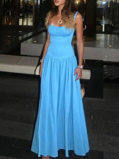 Spaghetti Strap Ruched Drop Waist Flowy Maxi Dress
