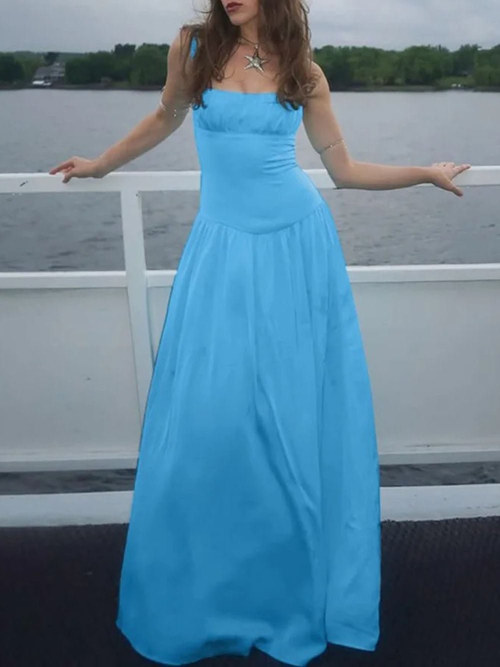 Spaghetti Strap Ruched Drop Waist Flowy Maxi Dress