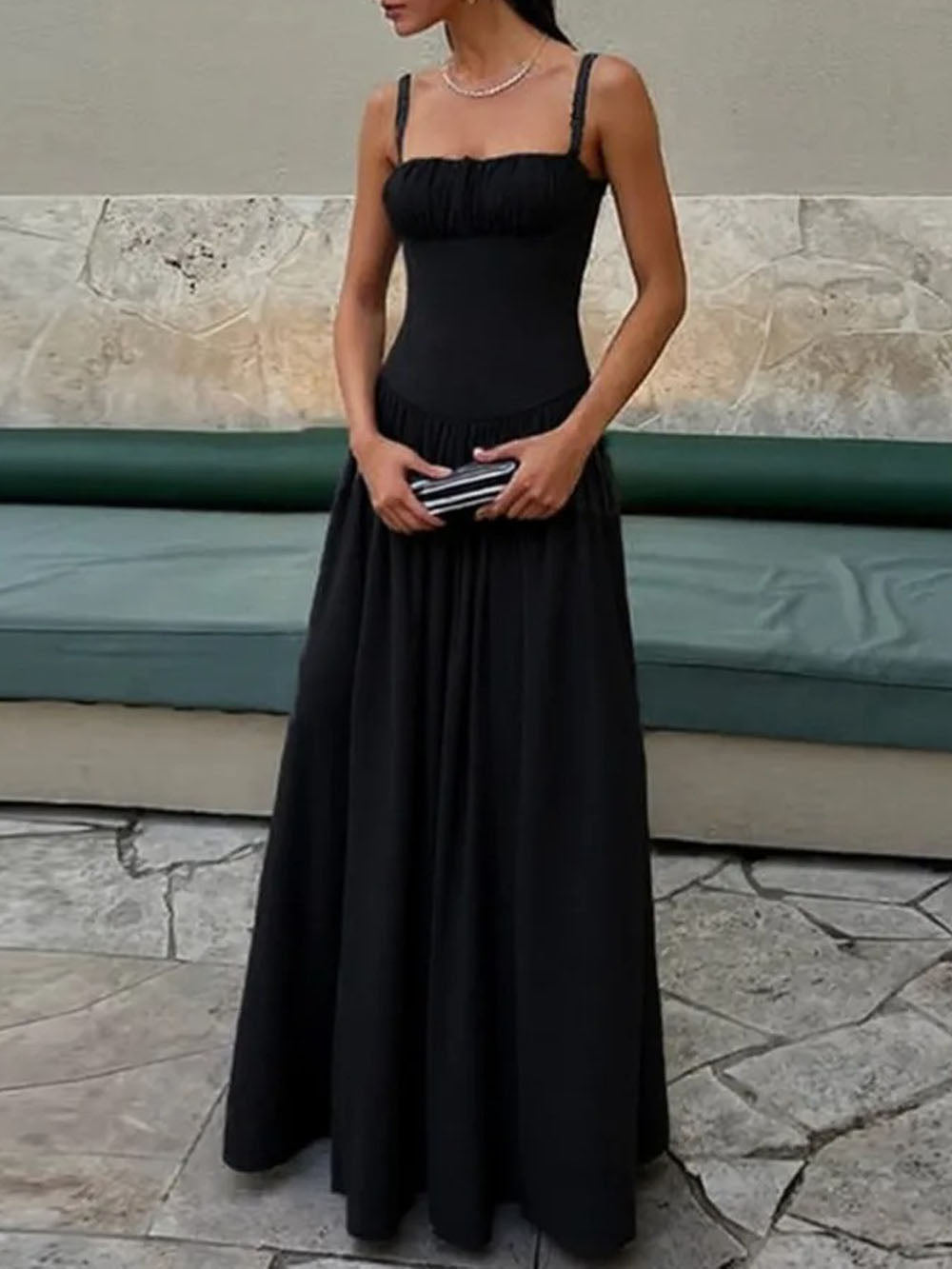 Spaghetti Strap Ruched Drop Waist Flowy Maxi Dress
