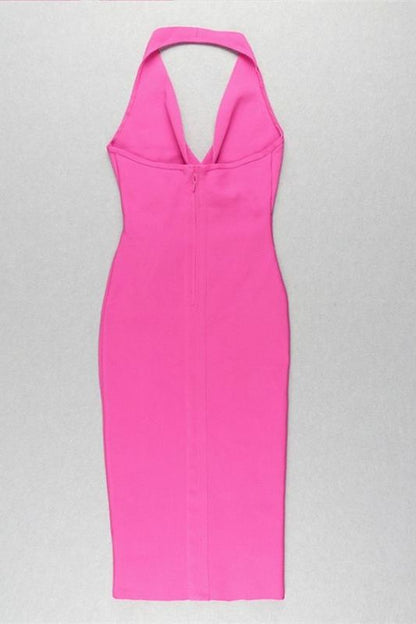 Hot Pink Halter Neck Surplice Deep V-Neck Bodycon Midi Dress