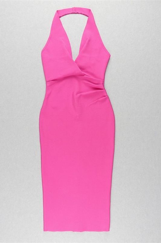 Hot Pink Halter Neck Surplice Deep V-Neck Bodycon Midi Dress