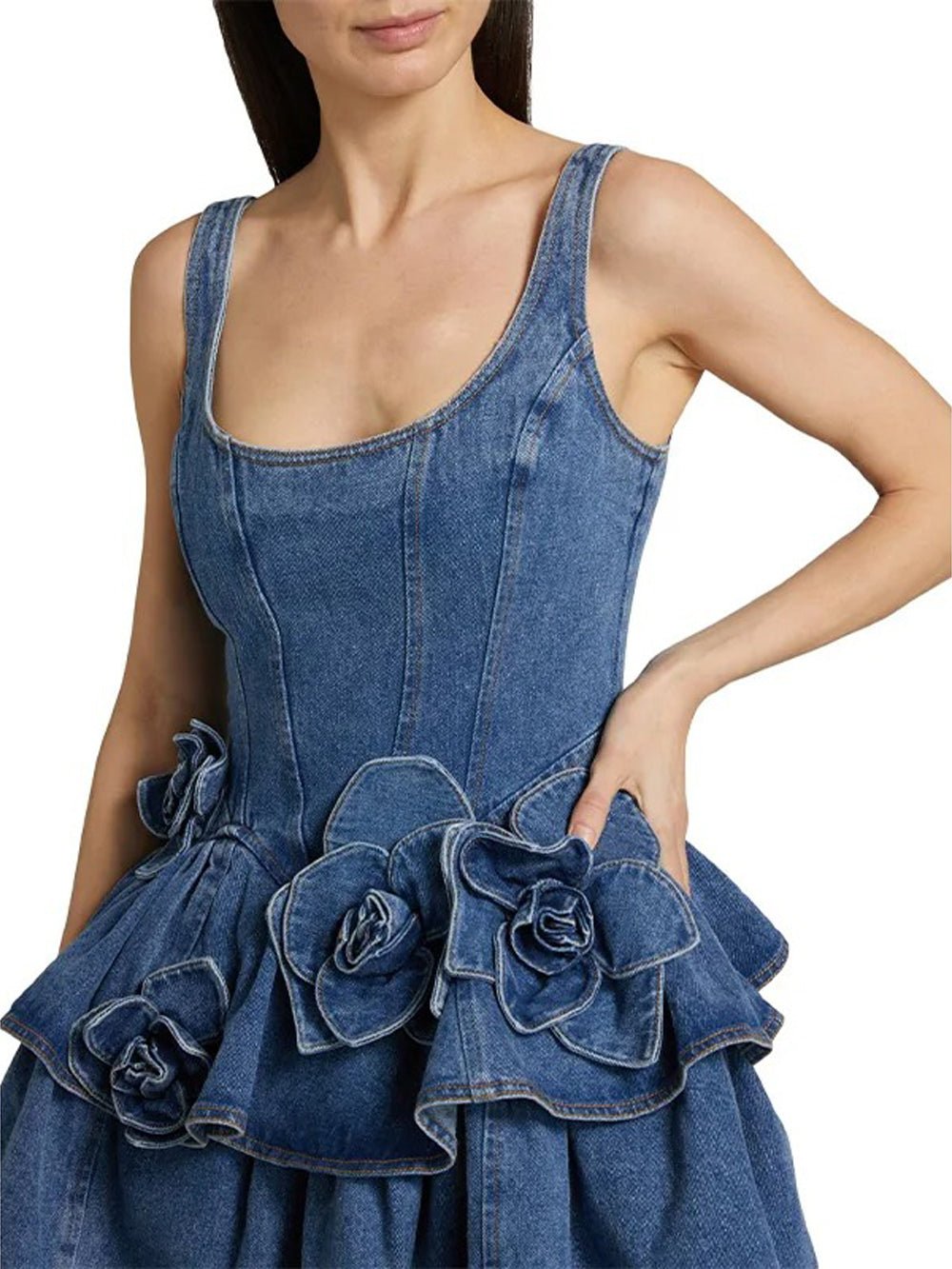 Blue Denim Corset Bodice Floral Applique Tiered Ruffle Mini Dress