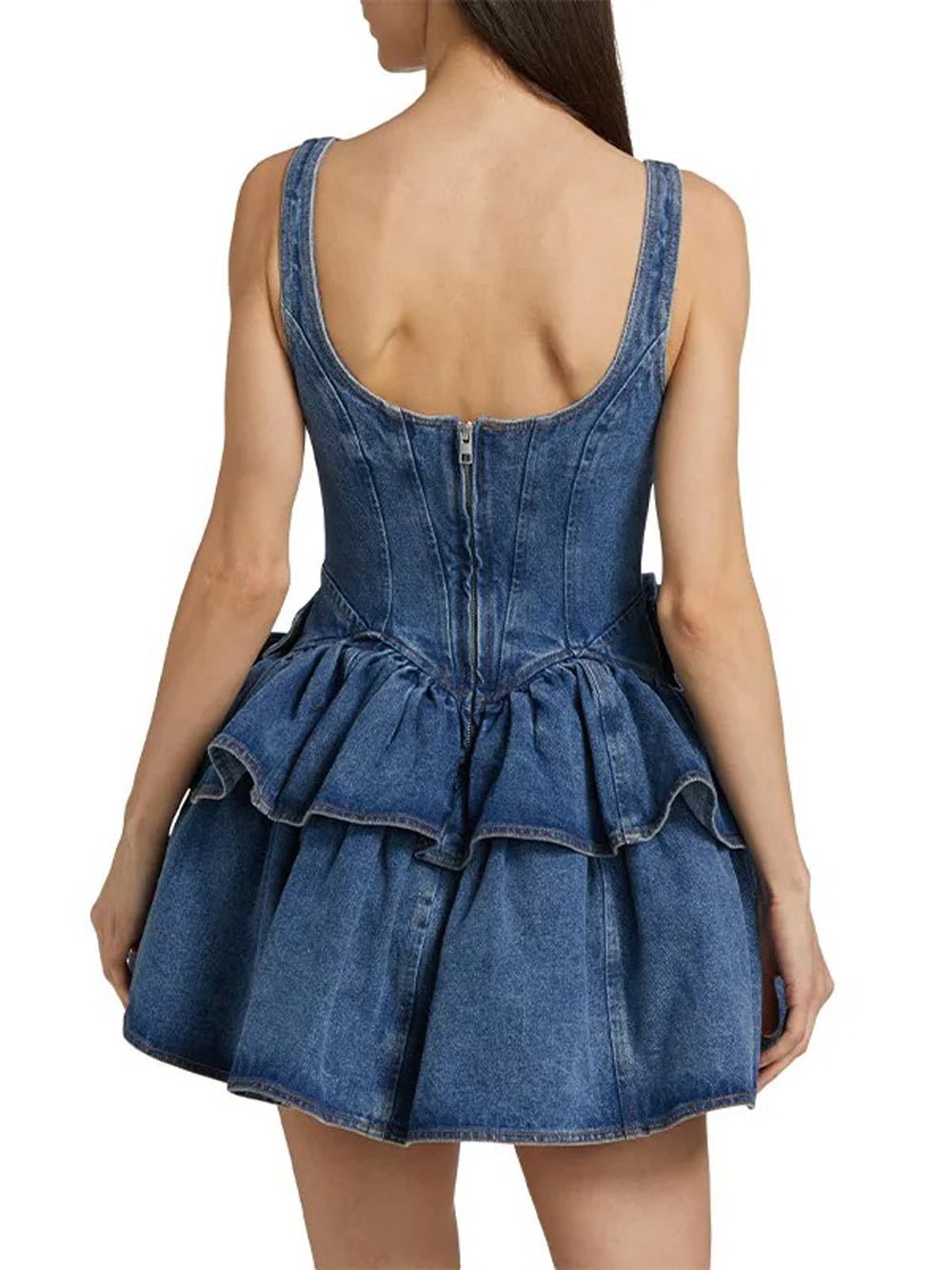 Blue Denim Corset Bodice Floral Applique Tiered Ruffle Mini Dress