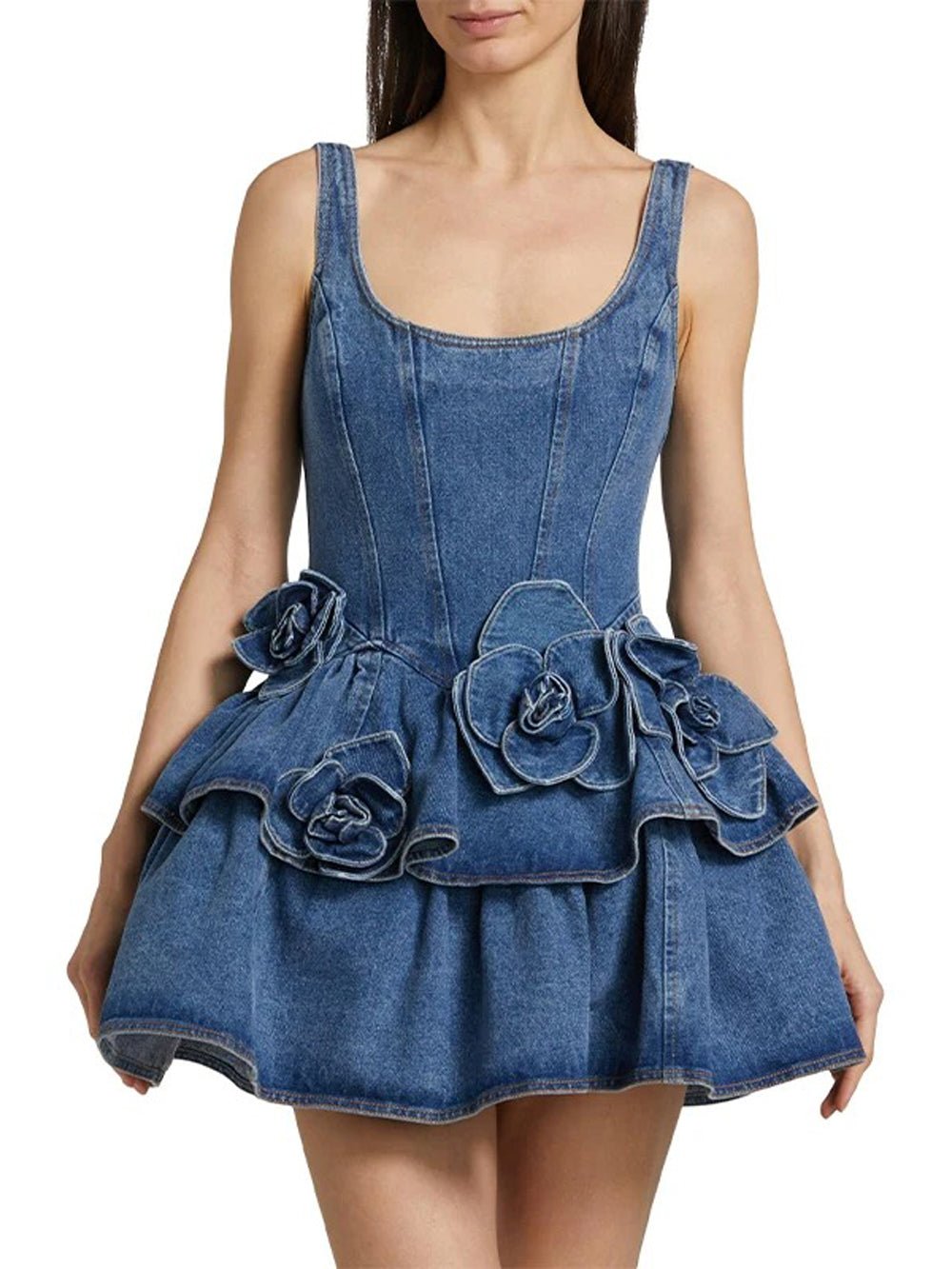 Blue Denim Corset Bodice Floral Applique Tiered Ruffle Mini Dress
