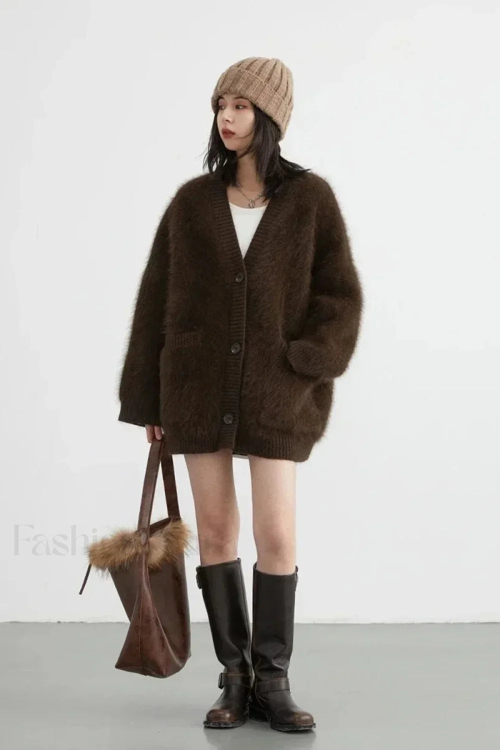 Loose Fit Rabbit Hair Knit Cardigan