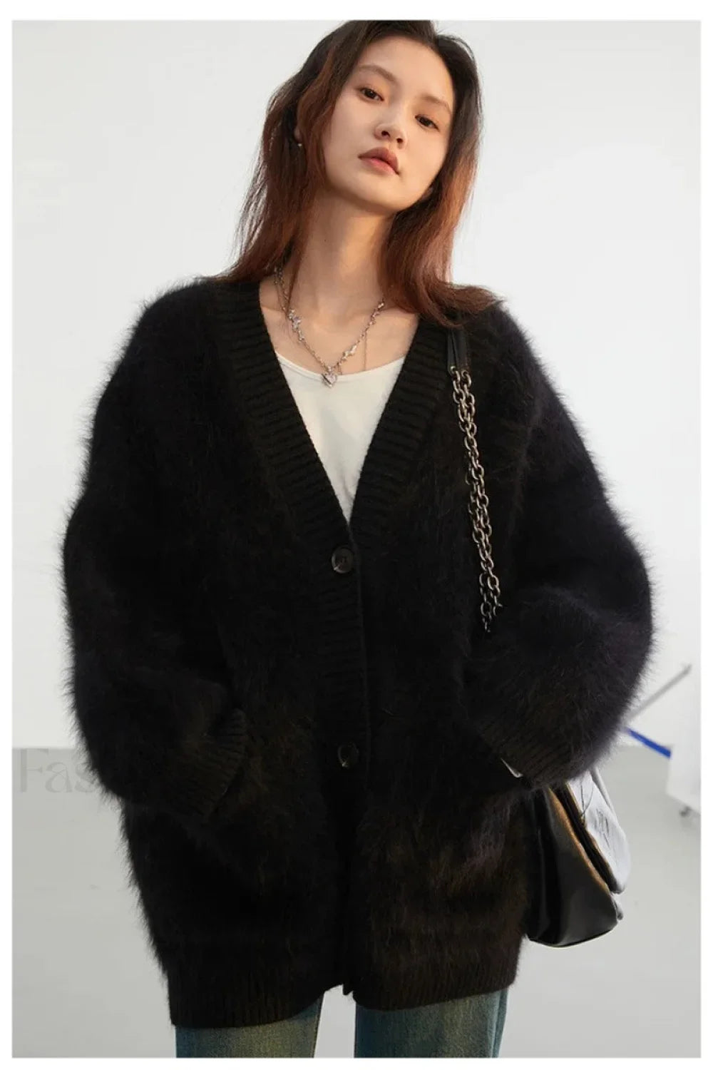 Loose Fit Rabbit Hair Knit Cardigan