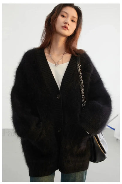 Loose Fit Rabbit Hair Knit Cardigan