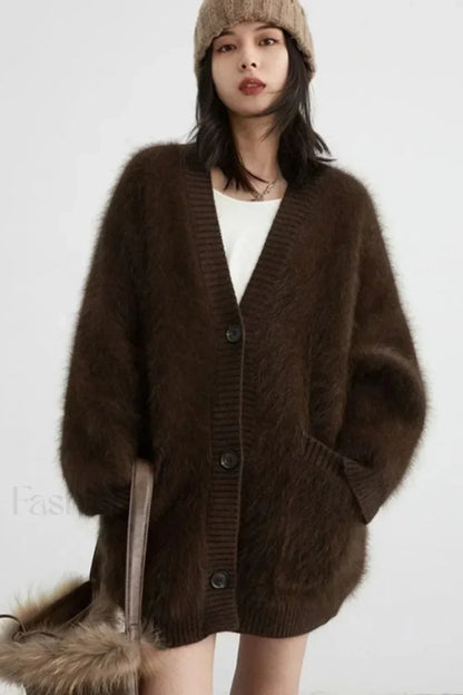Loose Fit Rabbit Hair Knit Cardigan