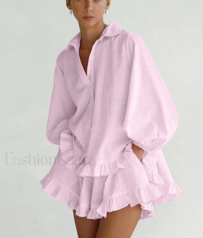 Loose Pink Stripe Ruffle Shorts Two Piece Set