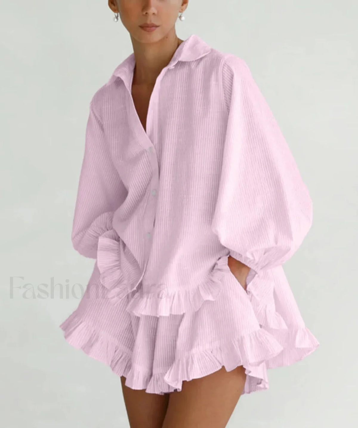 Loose Pink Stripe Shirt High Waist Ruffle Shorts Two Piece Set