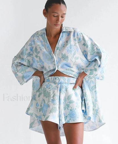 Loose Print Shirt Shorts Two Piece Set