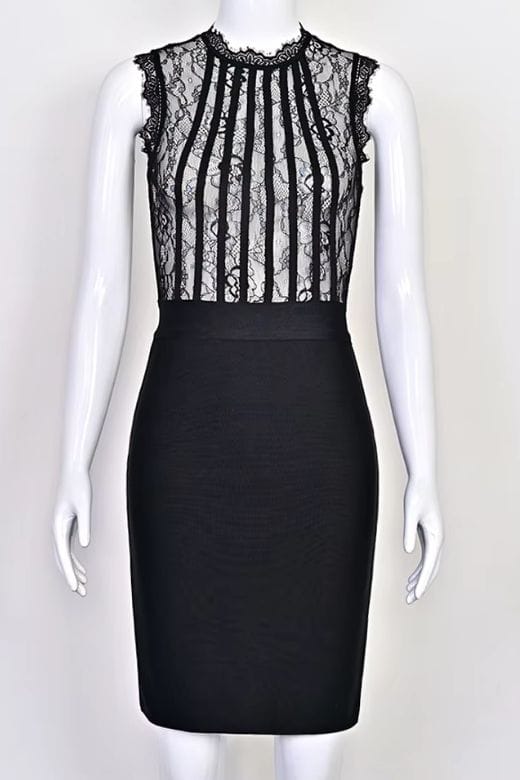 Classic Black Lace Sweetheart Bustier Bandage Panel Sleeveless Bodycon Midi Dress