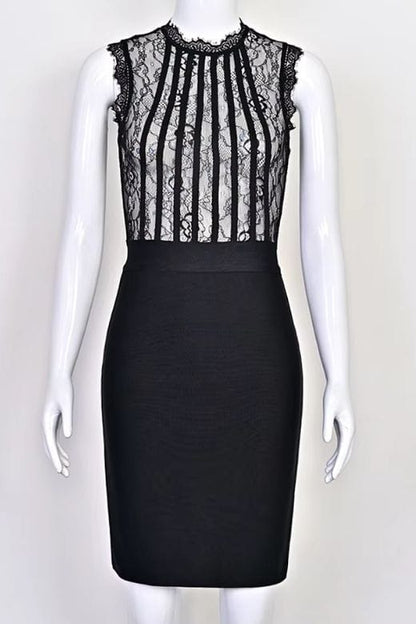 Classic Black Lace Sweetheart Bustier Bandage Panel Sleeveless Bodycon Midi Dress