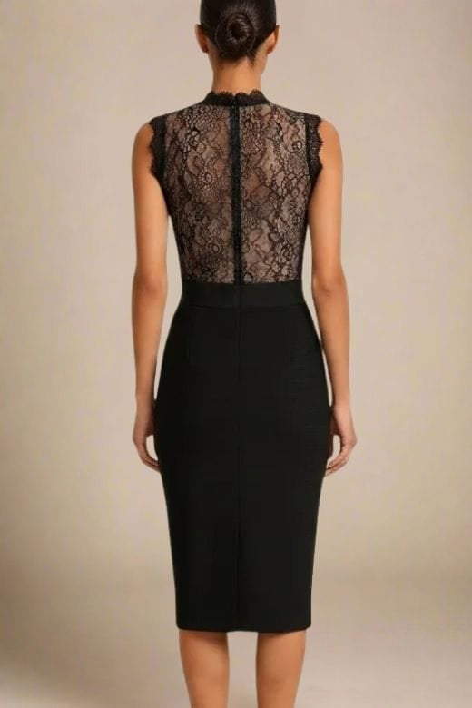 Classic Black Lace Sweetheart Bustier Bandage Panel Sleeveless Bodycon Midi Dress