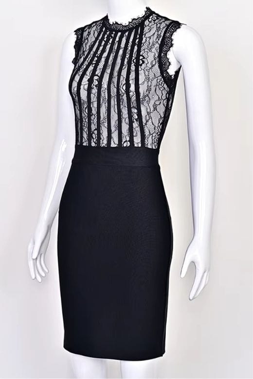 Classic Black Lace Sweetheart Bustier Bandage Panel Sleeveless Bodycon Midi Dress