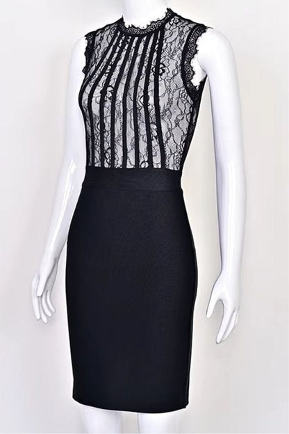 Classic Black Lace Sweetheart Bustier Bandage Panel Sleeveless Bodycon Midi Dress
