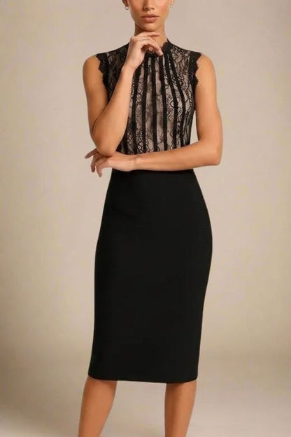 Classic Black Lace Sweetheart Bustier Bandage Panel Sleeveless Bodycon Midi Dress